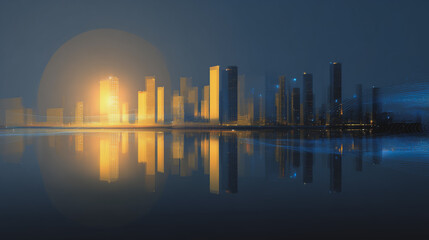 Fototapeta premium Sunshinea city of modern business and smart digital innovation with a network of interconnected rewards over the cityscape of the future smart wireless digital city and social media network