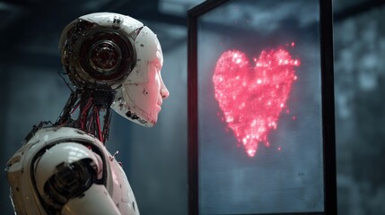 A humanoid robot gazes at a digital heart, contemplating the essence of love and artificial intelligence in a futuristic world