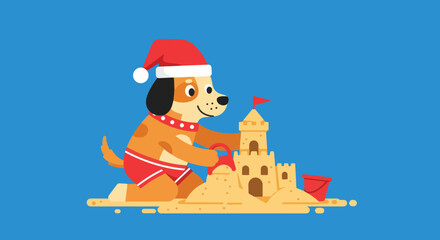 Cartoon Dog Building Sandcastle Wearing Santa Hat on Beach