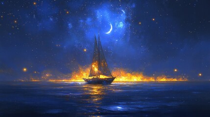 Burning sailboat on a starry night