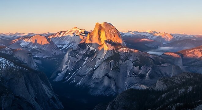 Stunning sunrise illuminates Half Dome and Yosemite Valley with golden light painting majestic granite peaks and misty depths