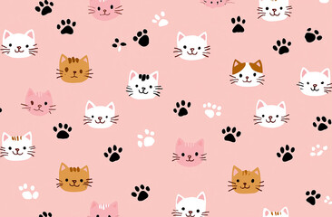 Fototapeta premium Seamless Pattern of Kawaii Kitten Faces and Paw Prints