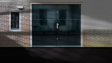 Dramatic shadow of window light shines across the exterior of the room with door and brick walls...