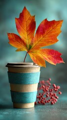 Autumnal coffee cup with colorful leaf