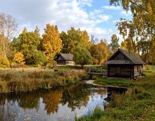 Autumnal wooden houses by a serene stream