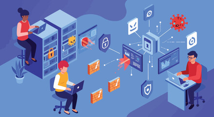 Isometric Illustration of Cybersecurity Professionals Working with Data Security Systems.