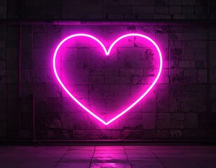 A vibrant, glowing neon heart shape illuminates a weathered stone wall in a dimly lit space.