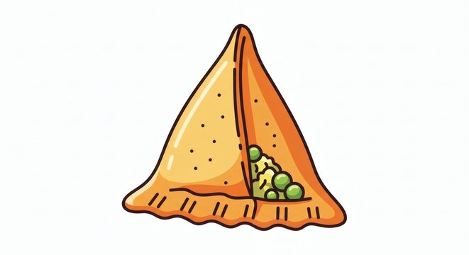 Vector illustration of a savory fried samosa with a delicious vegetable filling. A popular and traditional Indian street food snack in a cute cartoon style