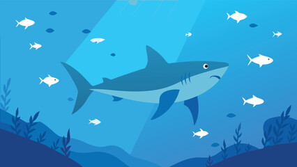 Obraz premium Majestic great white shark patrols underwater reef with small fish vector illustration