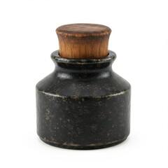 Decorative black ceramic jar with wooden lid on white background  