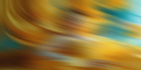 Abstract swirling brushstrokes of warm golden yellow and earthy brown blend with cool turquoise blue hues, creating a dynamic and textured visual flow