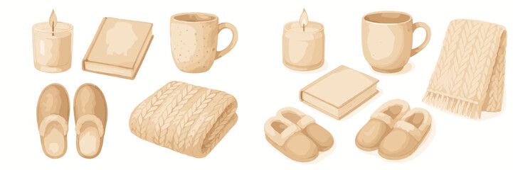 Set of cozy hygge home items for comfort and relaxation including a candle, book, mug, slippers, and knitted blanket