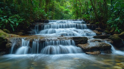 Cascading waterfall in lush rainforest