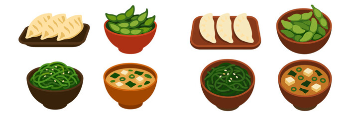 Delicious assortment of popular Japanese cuisine dishes featuring gyoza dumplings, edamame, seaweed salad, and miso soup