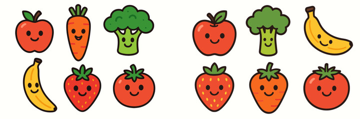 Cute kawaii cartoon fruit and vegetable characters set with smiling faces including apple, carrot, broccoli, banana, strawberry, and tomato