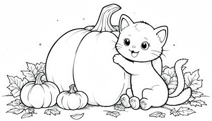 Adorable Kitten with Pumpkins - Autumn Coloring Page Illustration
