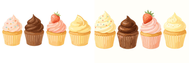 Colorful frosted cupcakes with sprinkles and fruit toppings assortment