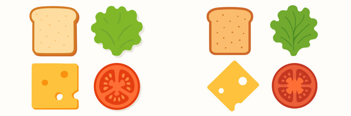 Sandwich ingredients flat icons: bread, lettuce, cheese, tomato slices