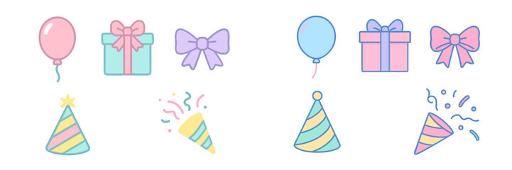Pastel Birthday Party Icons: Balloons, Gifts, Hats, Confetti