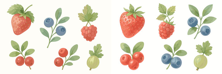 Collection of watercolor forest berries including strawberries, blueberries, raspberries, gooseberries, and cranberries