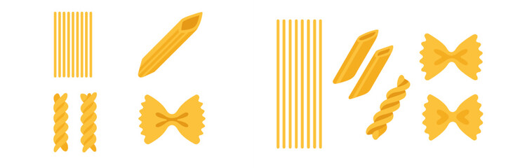 Collection of assorted pasta shapes including spaghetti, penne, fusilli, and farfalle on white background