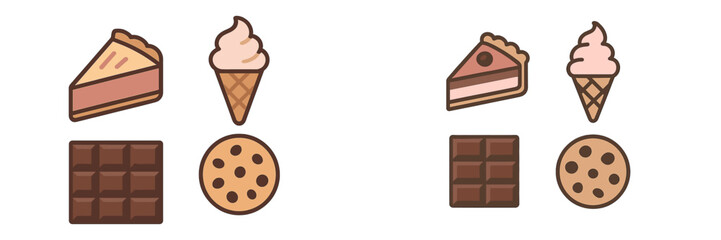 Assortment of sweet treats including cake slices, ice cream cones, chocolate bars, and cookies