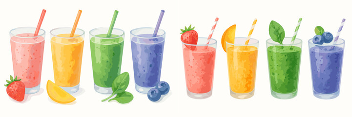 Assortment of colorful fruit and vegetable smoothies in glasses with straws and garnishes