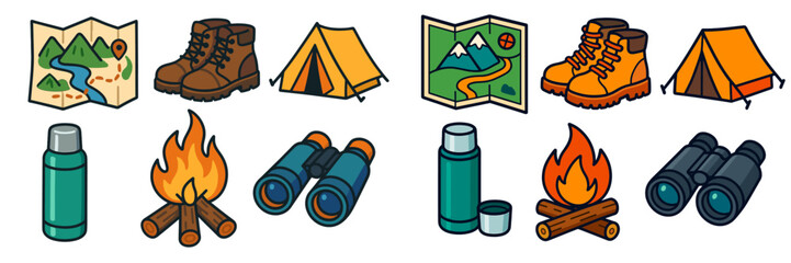 Camping and hiking equipment icons including map, boots, tent, thermos, campfire, and binoculars