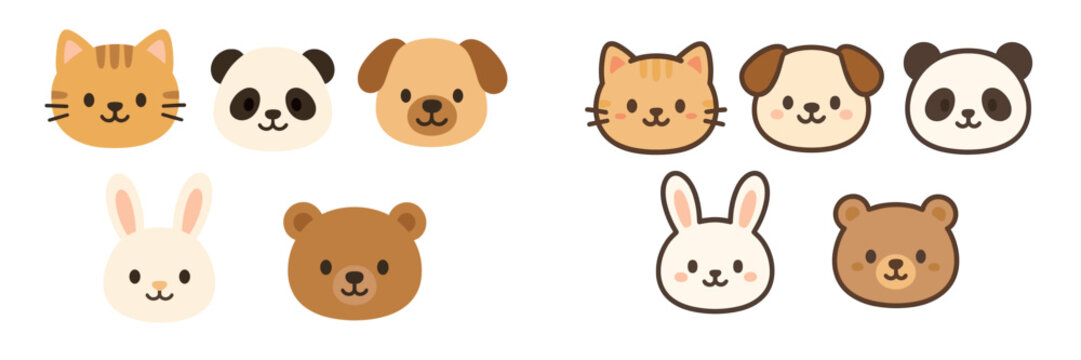 Collection of cute kawaii animal head icons featuring a cat, panda, dog, rabbit, and bear with two styles, flat color and outlined character design