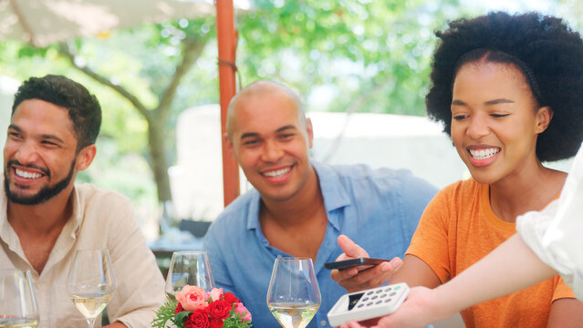 Woman Paying Bill At Outdoor Bar Or Restaurant Using Contactless App On Mobile Phone