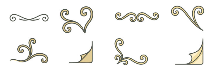 Set of elegant calligraphic swirls and ornamental dividers with gold and gray colors for vintage page decoration