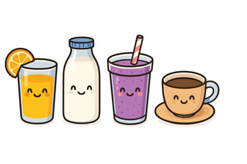 Cute kawaii cartoon drinks with happy faces, orange juice, milk, smoothie, and coffee