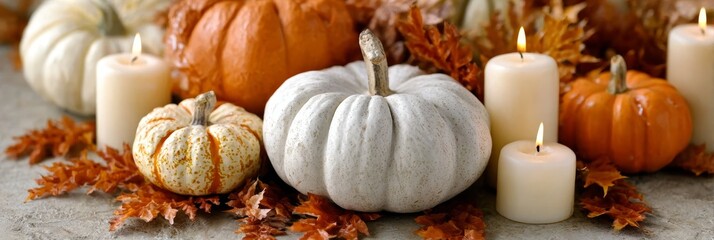 Autumn bounty A beautiful arrangement of mini pumpkins, candles, and colorful leaves for fall decor