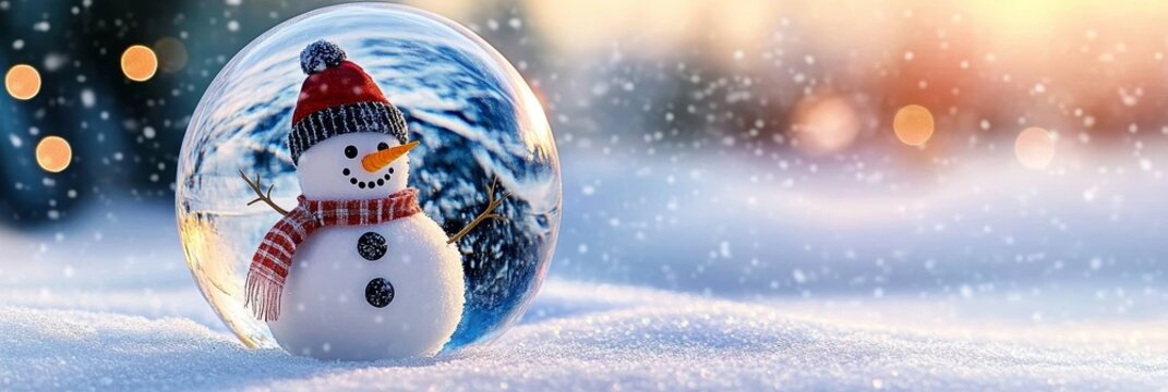 Enchanting Snow Globe Wonderland Winter Scene with Snowman, Blurry Lights, and Falling Snowflakes - Powered by Adobe