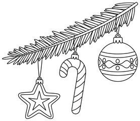 Christmas ornament vector illustration of a pine branch with festive decorations including a star candy cane and ball drawn in clean black line art style for holiday designs