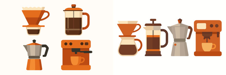 Collection of popular coffee brewing equipment designs including pour over, French press, moka pot, and espresso machine