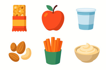 Variety of healthy snack food items including fruits, vegetables, nuts, and dairy products for a balanced diet