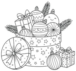 Christmas gifts vector illustration of a festive holiday box filled with ornaments baubles pine branches and wrapped presents in clean black line art style