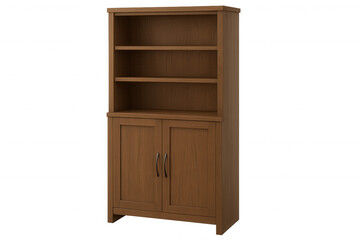 Wooden bookcase with empty shelves and closed double doors, offering storage solution for books or decorative elements against clean transparent background