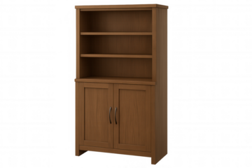 Wooden bookcase with empty shelves and closed double doors, offering storage solution for books or decorative elements against clean transparent background