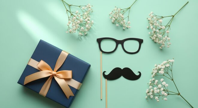 A festive flat lay composition for fathers day features a blue gift box with a - Powered by Adobe