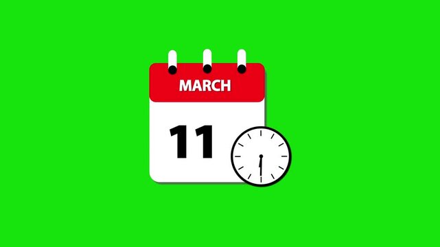 March month 11 date calendar icon  animation with clock  on transparent background. Calendar icon march 11 HD animation. march month 11 calendar date black screen.