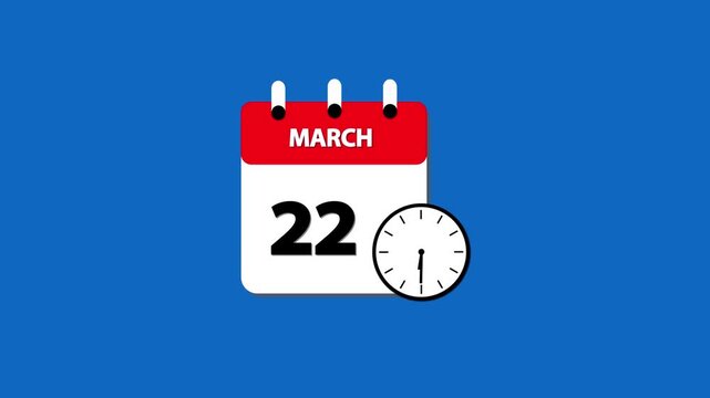 March month 22 date calendar icon  animation with clock  on transparent background. Calendar icon march 22 HD animation. march month 22 calendar date black screen.