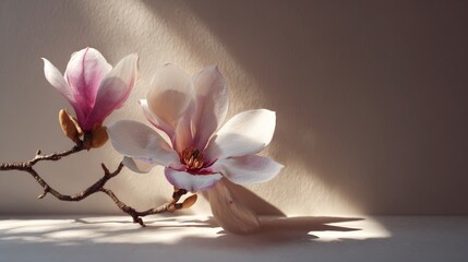 Obraz premium Magnolia Branch Close-Up with Soft Light Photorealistic Petal and Shadow Detail