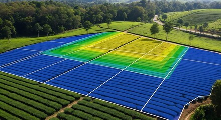 Aerial view of an innovative agrivoltaic farm, with solar panels and a data visualization heatmap integrated over a green tea plantation