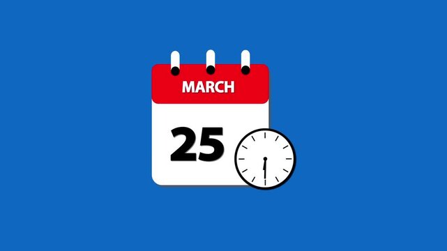 March month 25 date calendar icon  animation with clock  on transparent background. Calendar icon march 25 HD animation. march month 25 calendar date black screen.