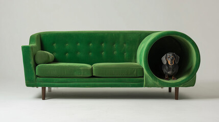 Funny dachshund dog sitting inside modern green sofa with creative pet-friendly design