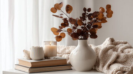 Minimal cozy interior with white vase, dried eucalyptus leaves and candles on wooden table