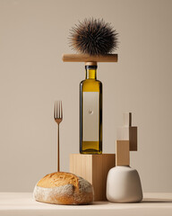 Conceptual still life with olive oil bottle, bread, fork and geometric minimalist objects