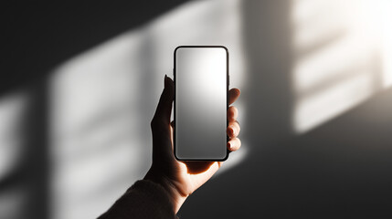 Hand holding smartphone with blank screen in dramatic shadow light